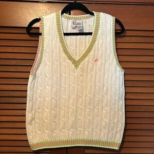 Lilly Pulitzer White Cable Knit Pullover V Neck Sweater Vest Pink Green Trim L